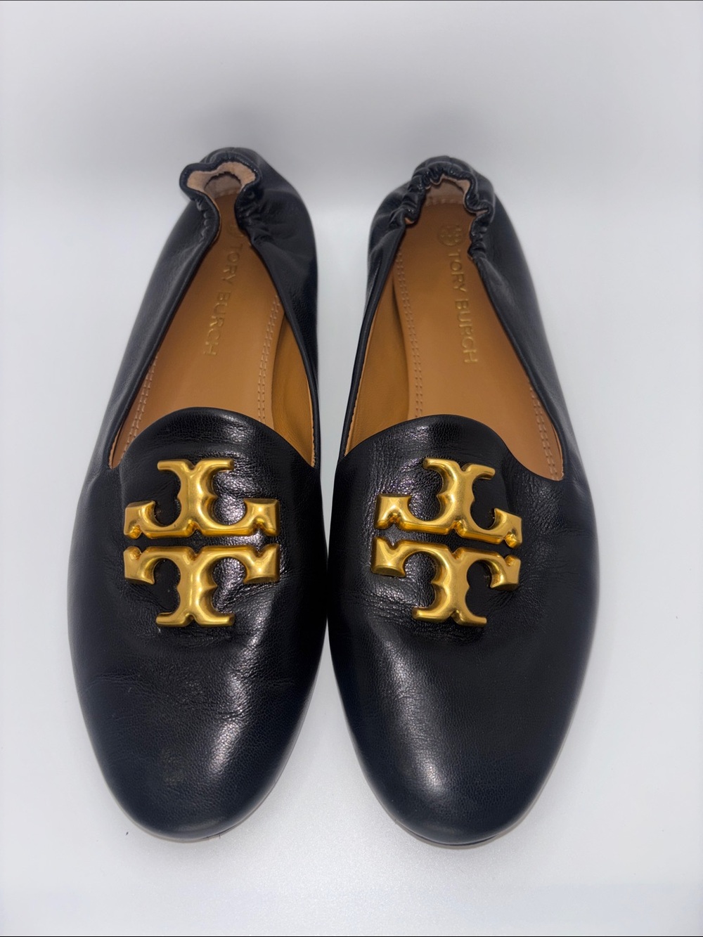 Tory Burch Black Leather Slip-On Loafers with Gold Logo - Picture 1 of 12